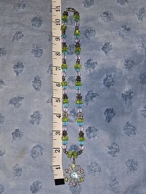 Beaded Flower Pendant Necklace in Green, Blue & Purple